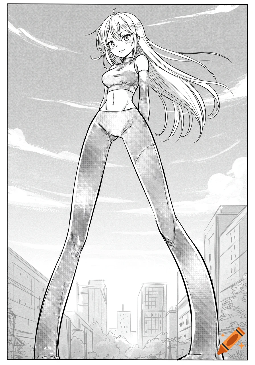 Manga-style drawing of a tall teenage girl with long hair, wearing a crop top and leggings, standing in a city background.