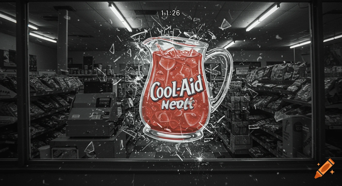 A vibrant red Kool-Aid pitcher crashes through the glass window of a monochrome convenience store, scattering shards. The store interior is dark, with aisles of snacks and a cash register visible, as if viewed through security camera footage.