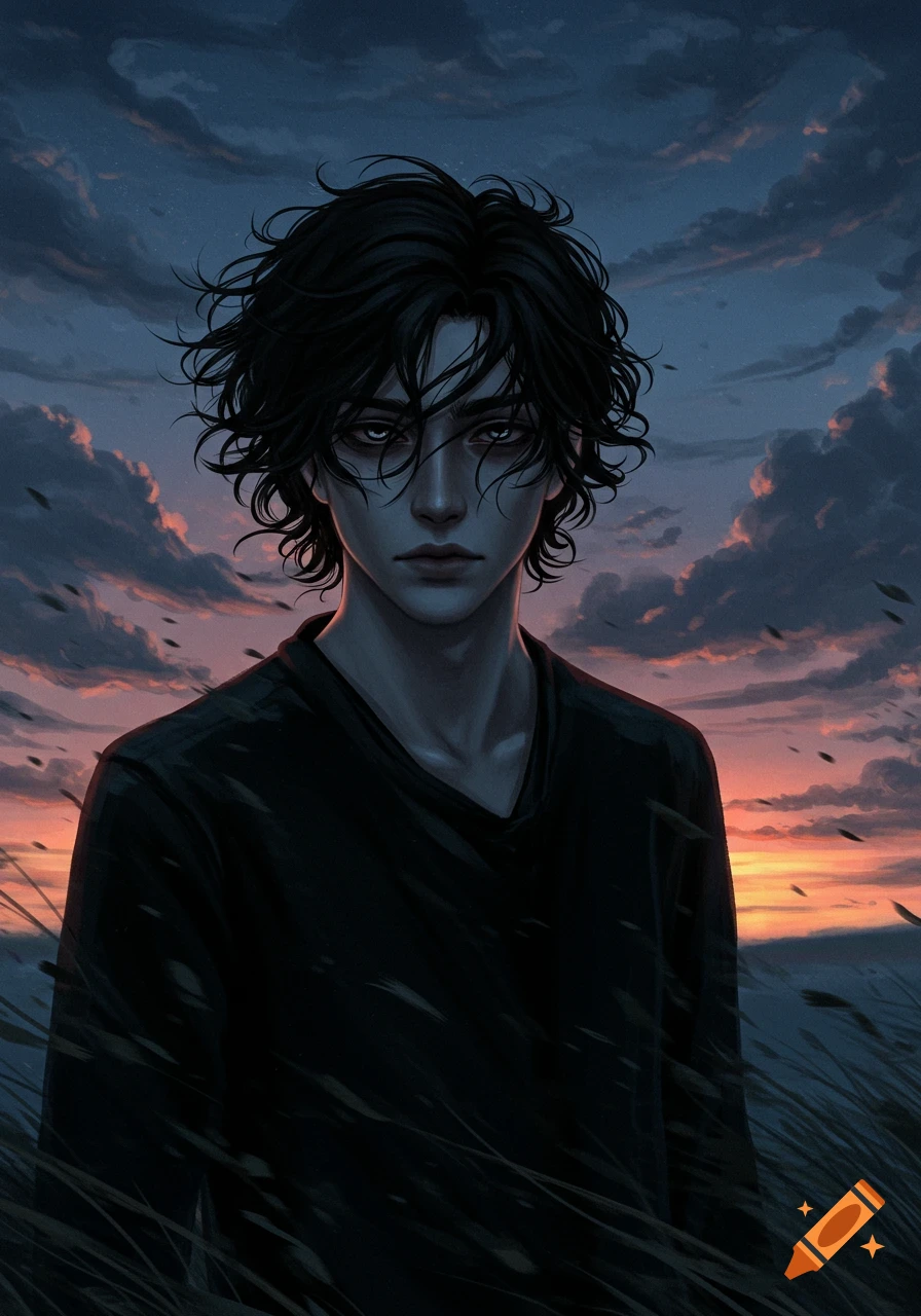 Digital art portrait of a young man with dark, wavy hair and pale eyes, standing in a field at sunset under a stormy sky.