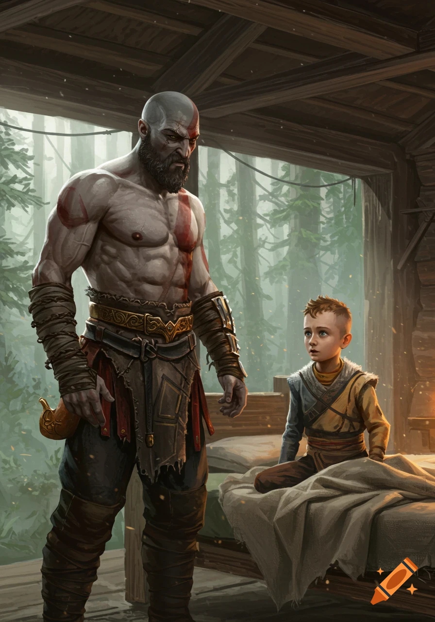 Kratos stands over Atreus, who sits on a bed in a rustic cabin, a forest visible outside. Detailed digital illustration.
