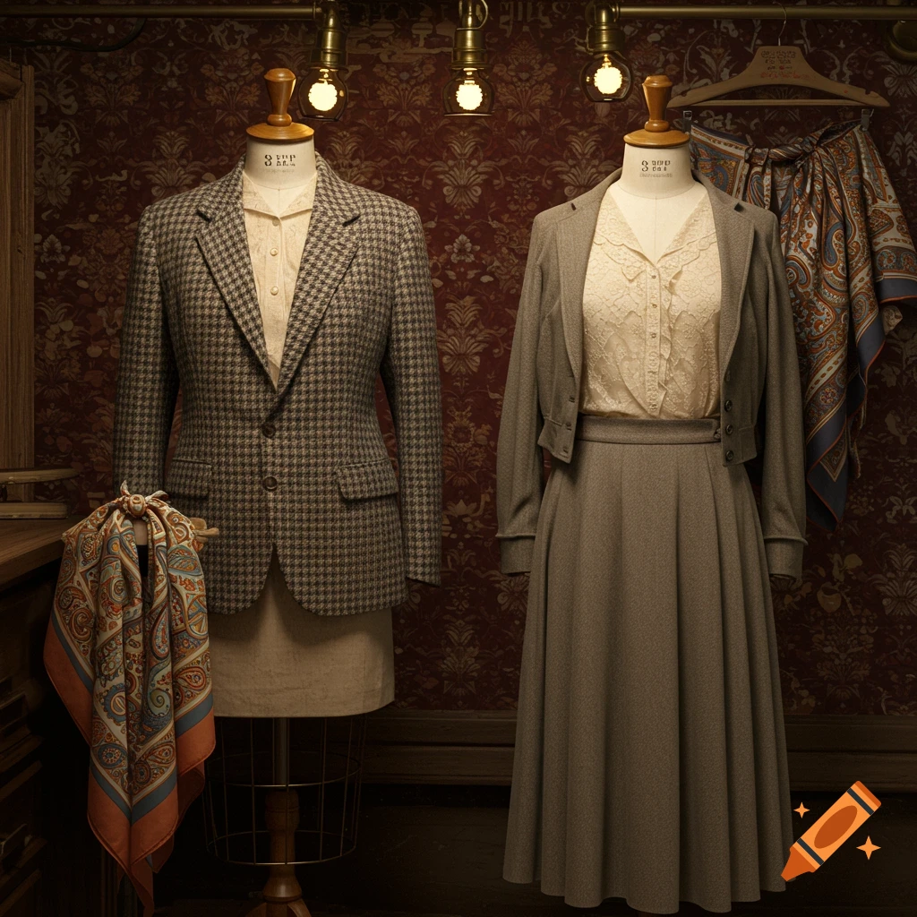 Two mannequins display vintage-style clothing in a dimly lit room with patterned wallpaper and antique light fixtures.