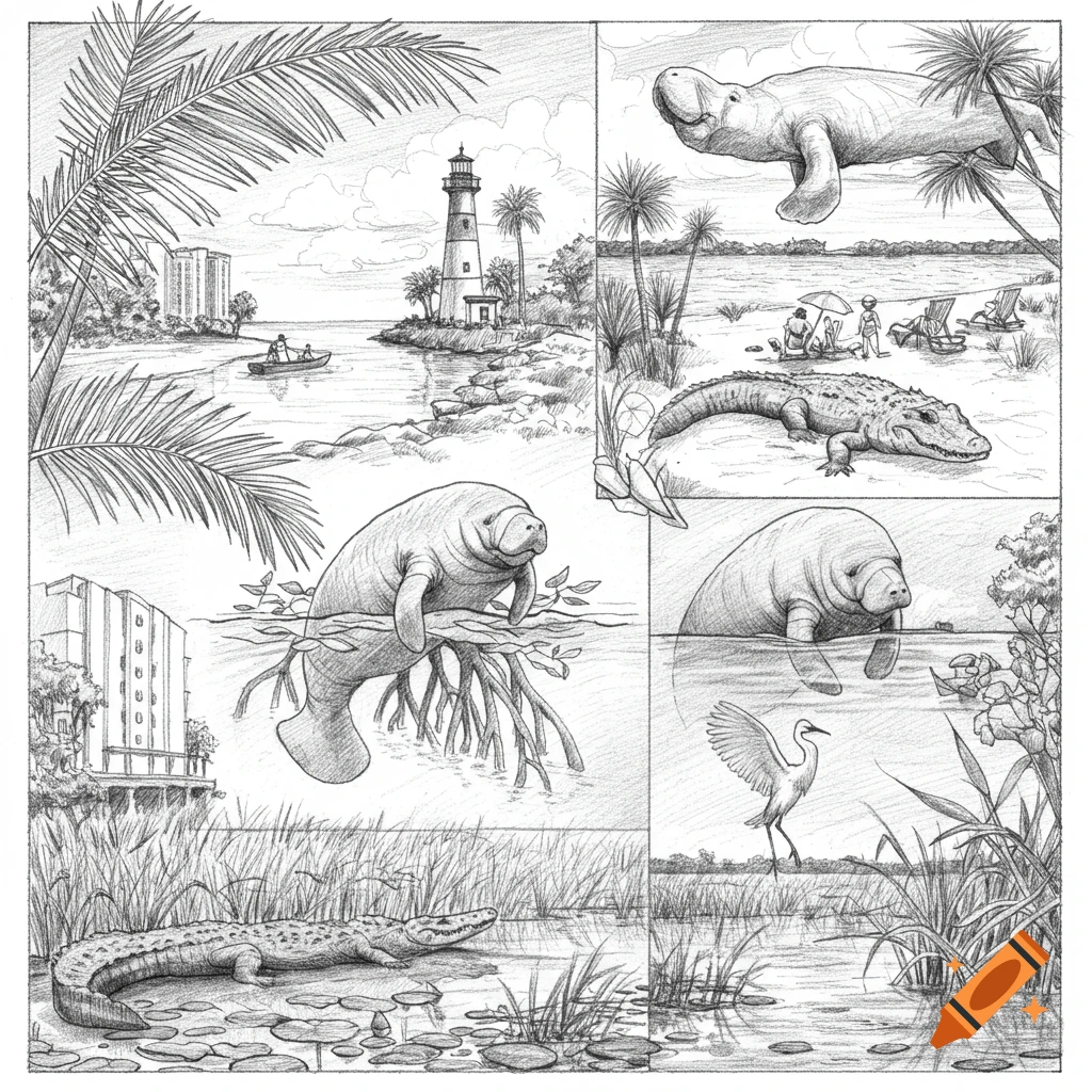 A collection of detailed pencil sketches showcasing various Florida landscapes, wildlife like manatees and alligators, a lighthouse, and beach scenes.