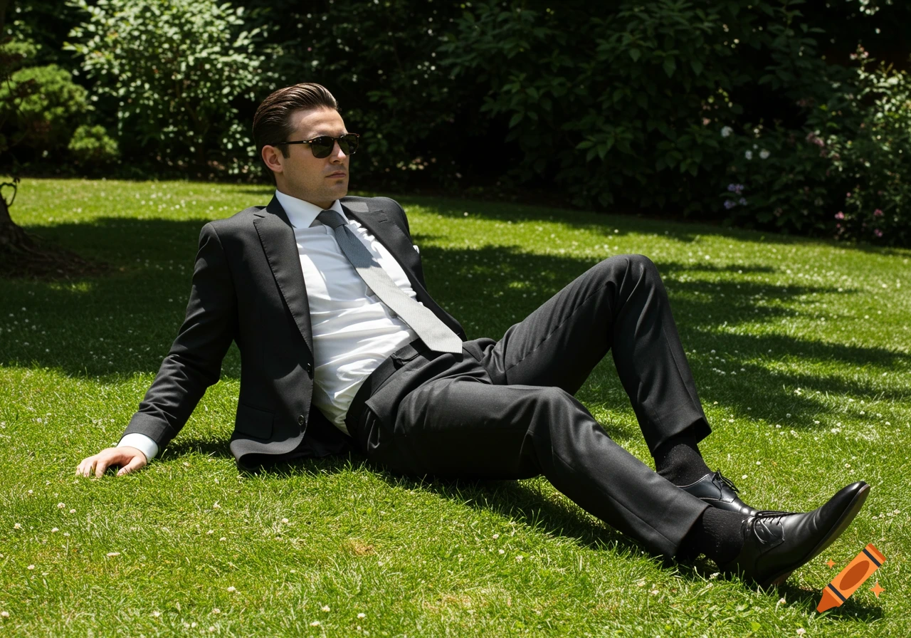 A man in a black suit, white shirt, and grey tie, wearing sunglasses, lies on green grass in a sunny garden.