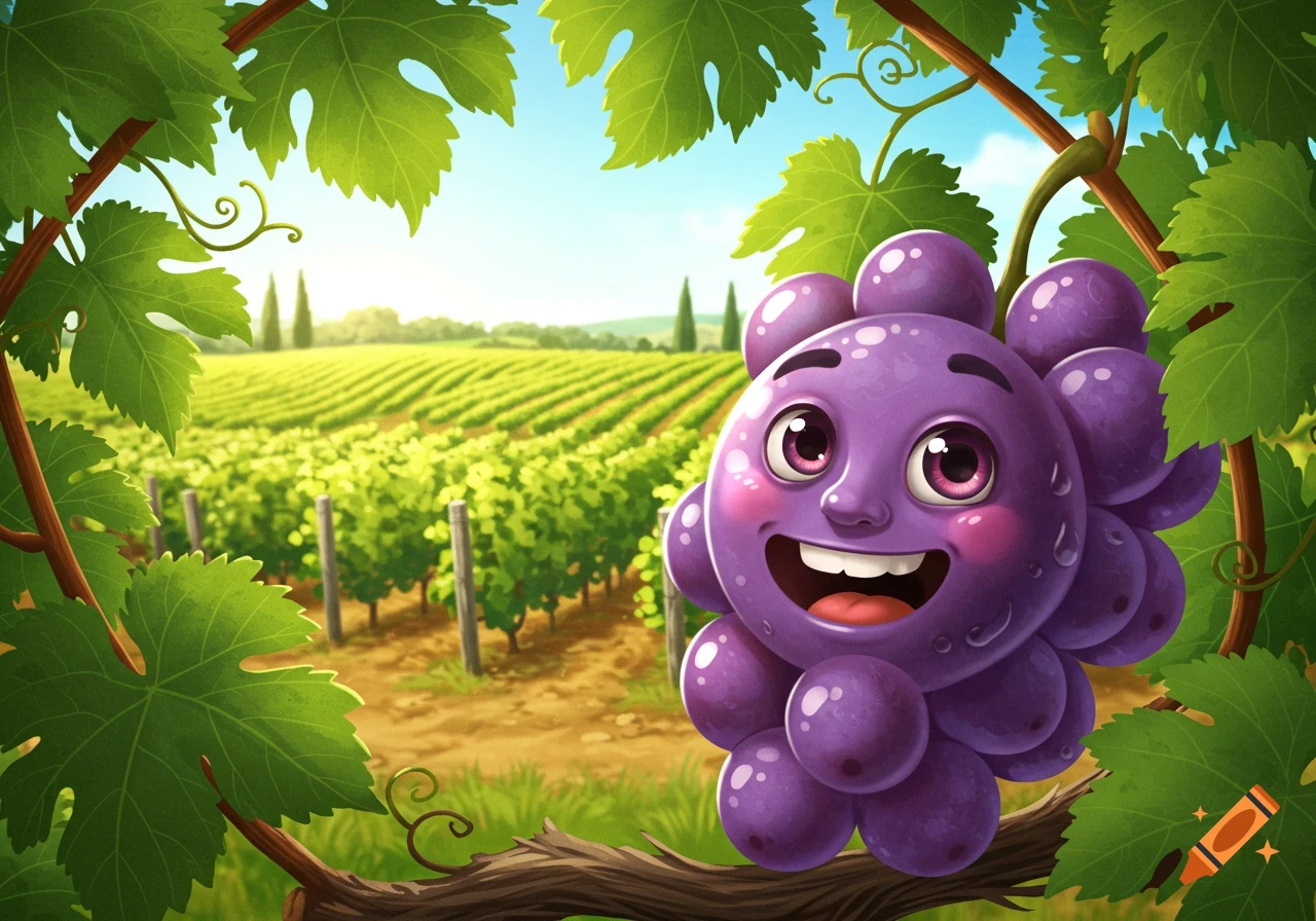 A happy cartoon purple grape character peeking from a leafy vine branch in a sunny vineyard.