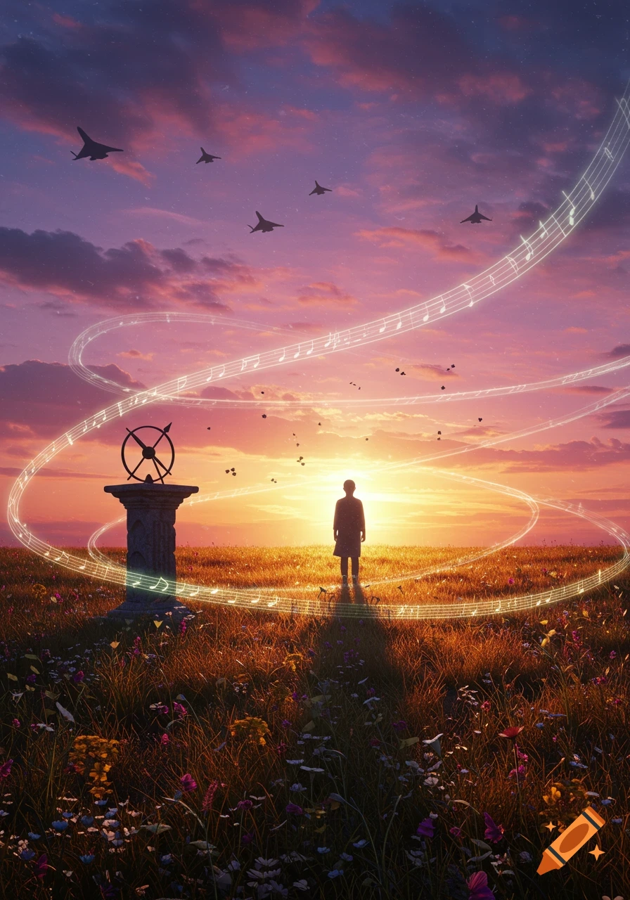 A silhouetted person stands in a field of wildflowers at sunset, with glowing musical notes spiraling around them and fighter jets flying overhead in a purple and orange sky. A sundial-like structure is on the left.