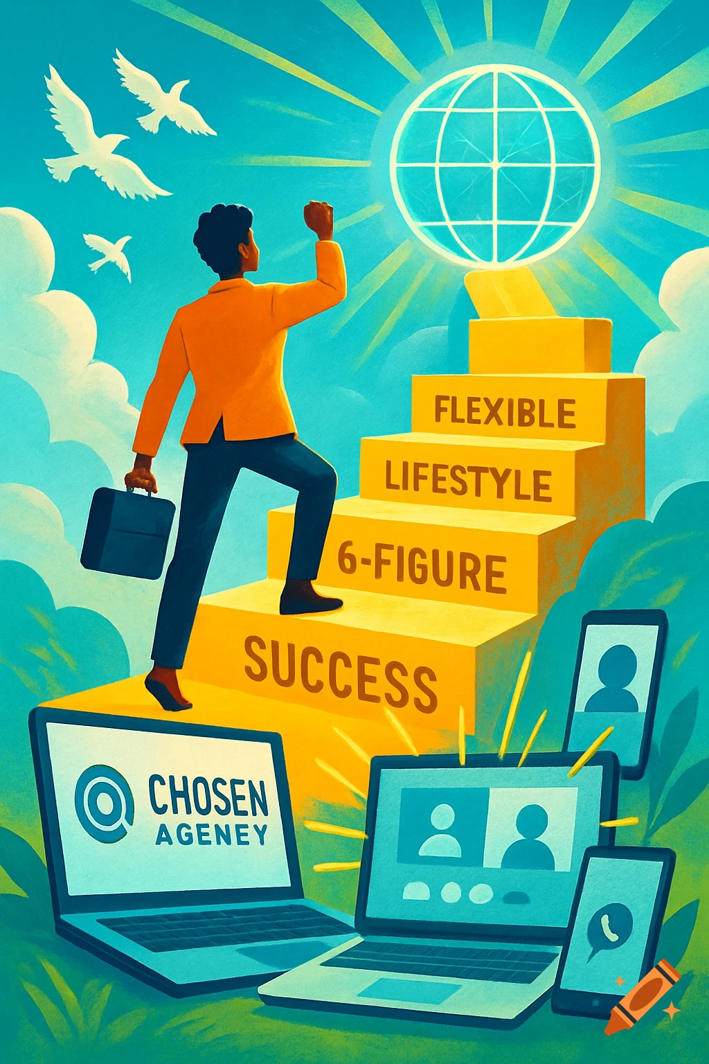 An illustration of a person climbing golden steps toward a globe, with laptops and phones. Steps are labeled 'SUCCESS', '6-FIGURE', 'LIFESTYLE', 'FLEXIBLE'. One laptop shows 'CHOSEN AGENCY'.