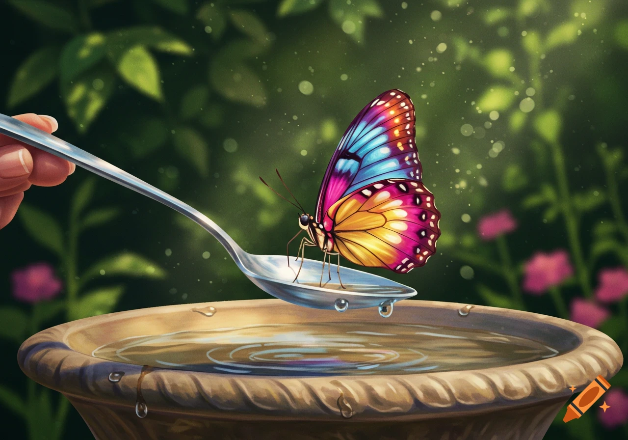 A colorful butterfly perches on a spoon held over a birdbath, surrounded by lush green foliage in an illustrative style.