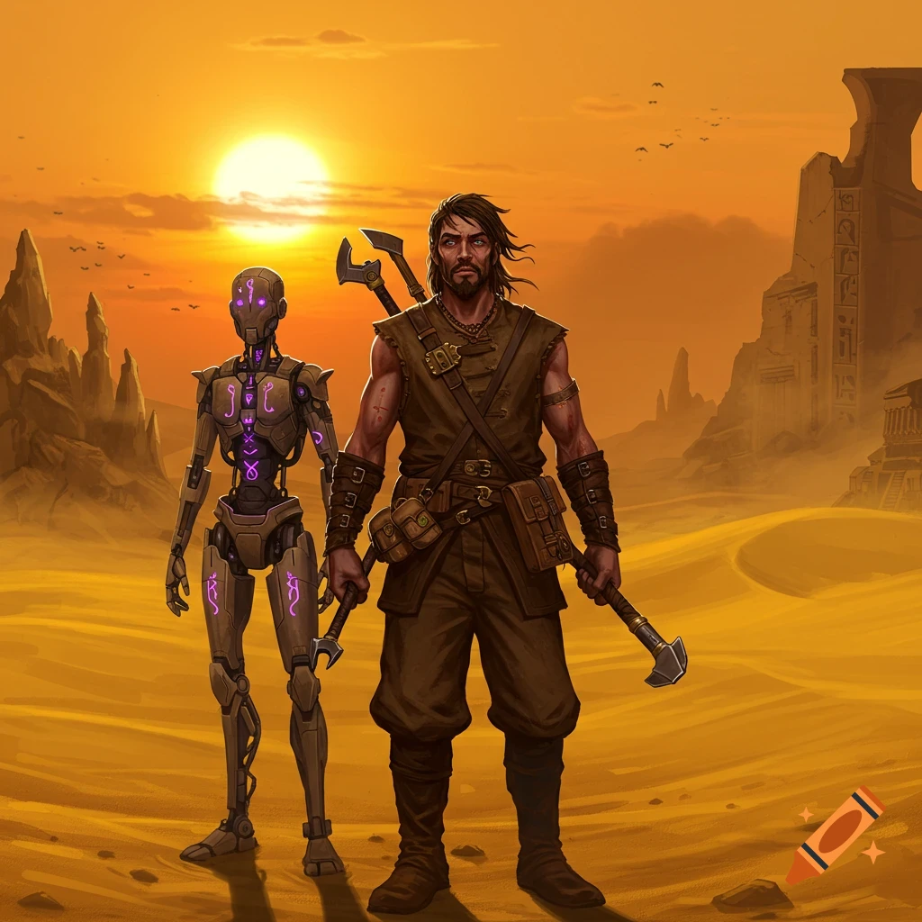 A man with a beard and an armored robot stand in a vast orange desert under a setting sun, with ancient ruins in the background. The man wears brown adventurer gear and holds a weapon; the robot has glowing purple symbols on its body.