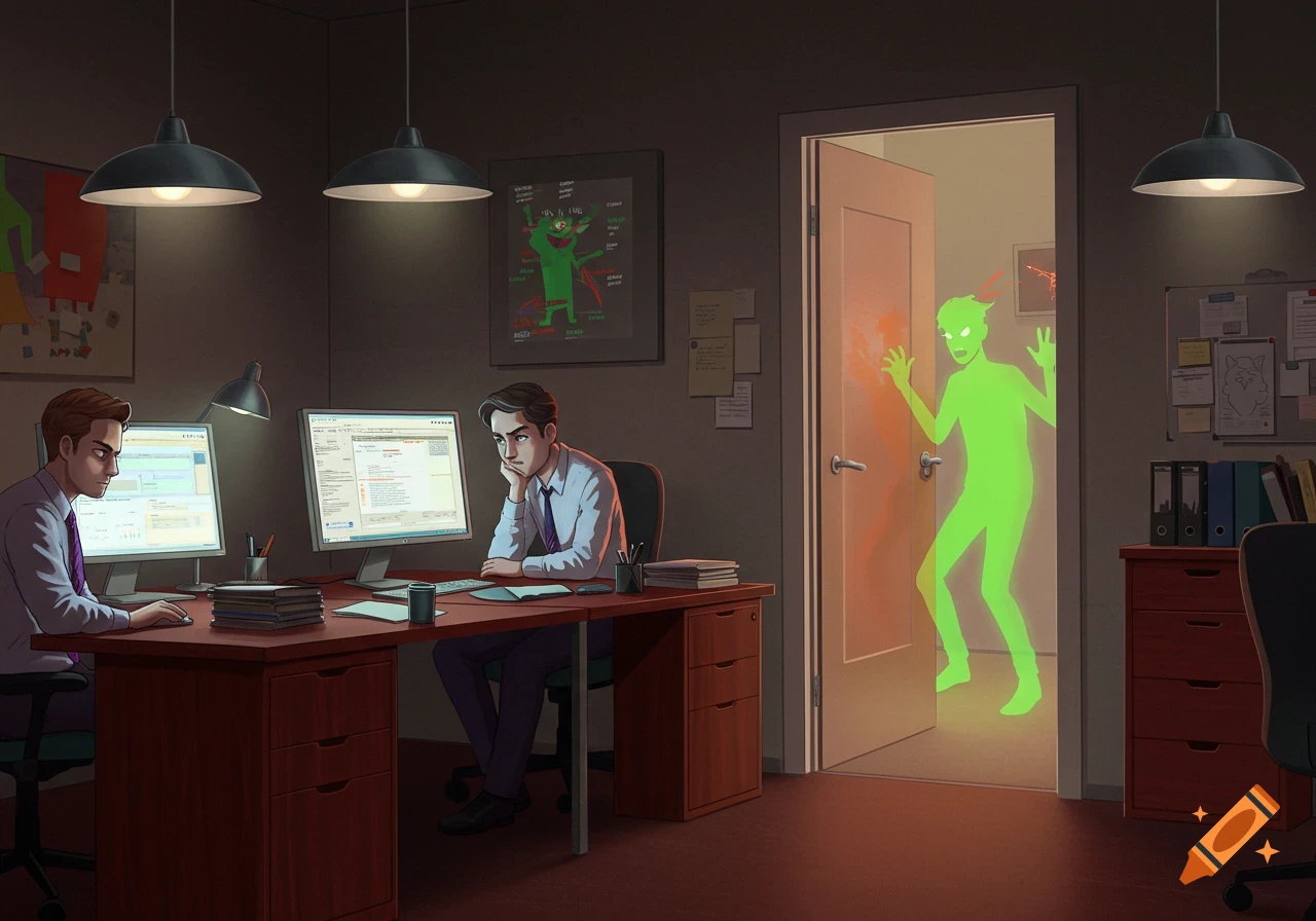 Two annoyed coworkers in an office, one working at a computer while a glowing green figure emerges from a doorway.