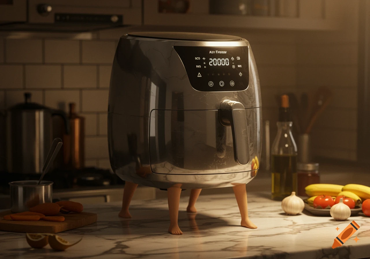 A photorealistic image of a sleek, dark grey air fryer with human legs standing on a marble kitchen counter, surrounded by fresh produce.