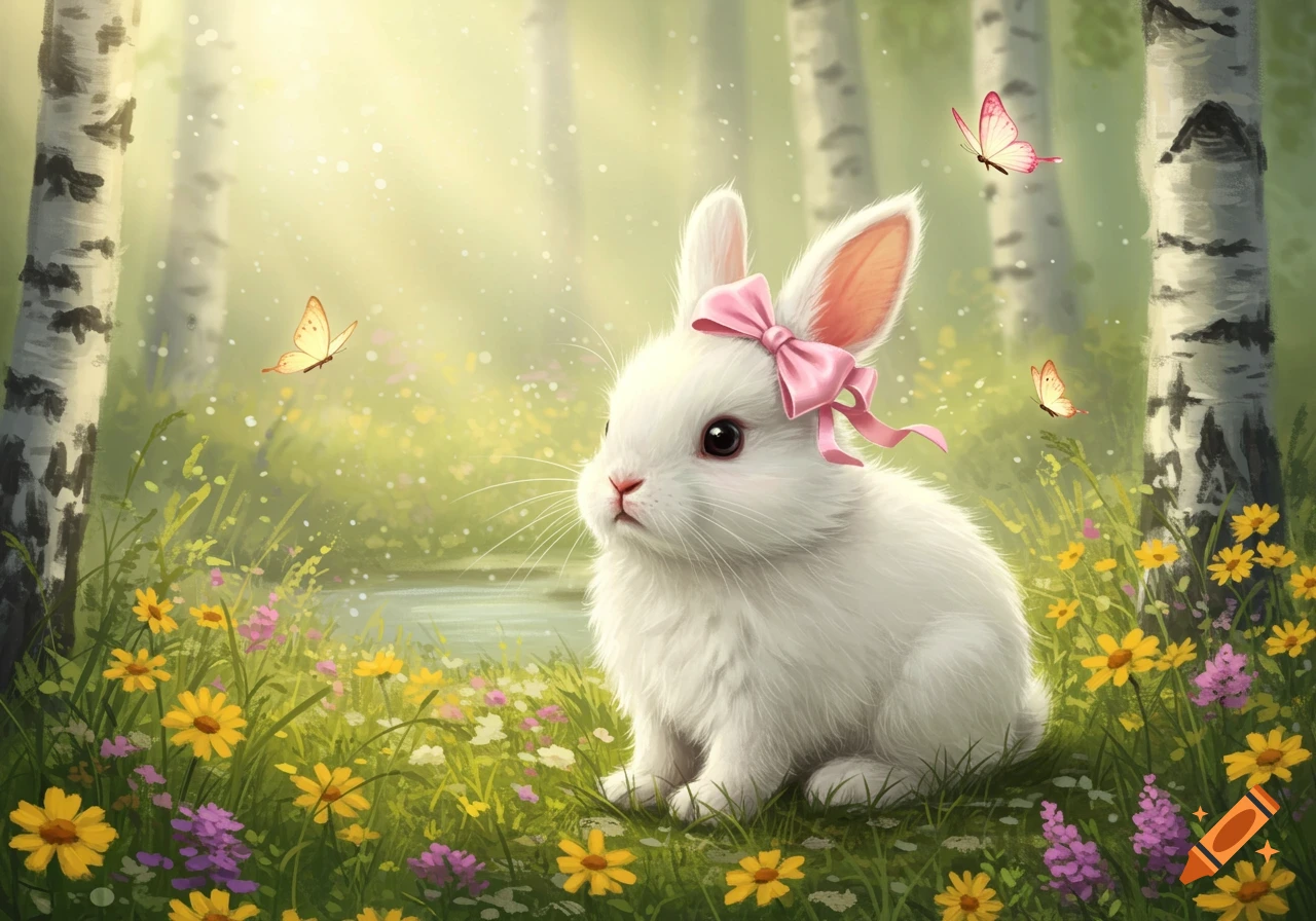 A cute white baby rabbit with a pink bow sits in a sunny meadow with yellow and purple flowers and butterflies.