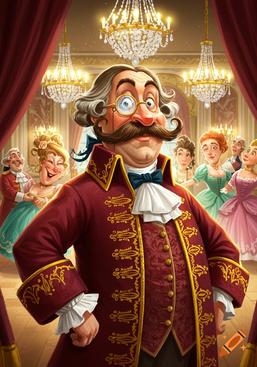 A cartoon illustration of an old duke with a large mustache and monocle in a red, ornate coat, standing in a grand ballroom with other people.