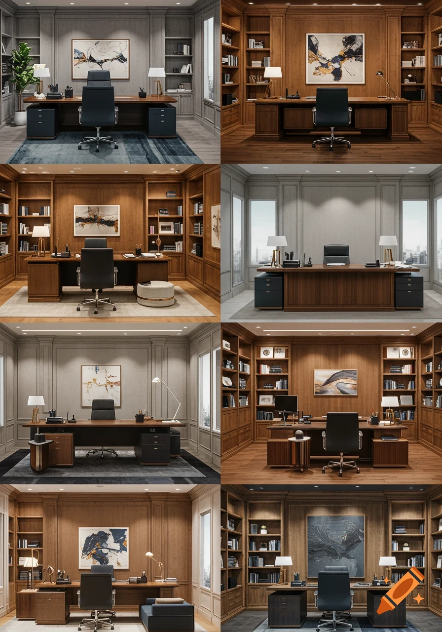 A grid of eight photorealistic virtual office interiors, each with a large desk, executive chair, and bookshelves.