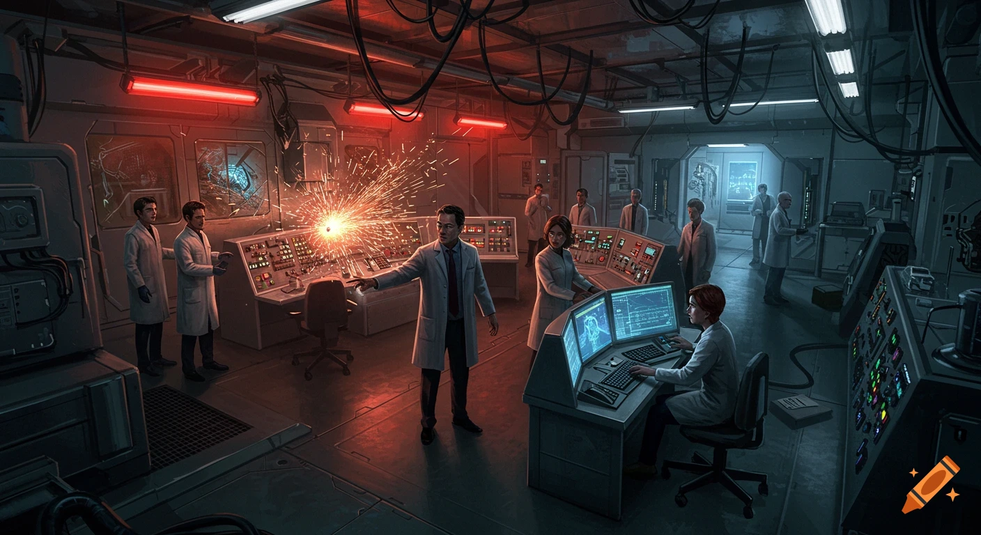 A wide shot of a futuristic laboratory with scientists reacting to sparks erupting from a control panel.