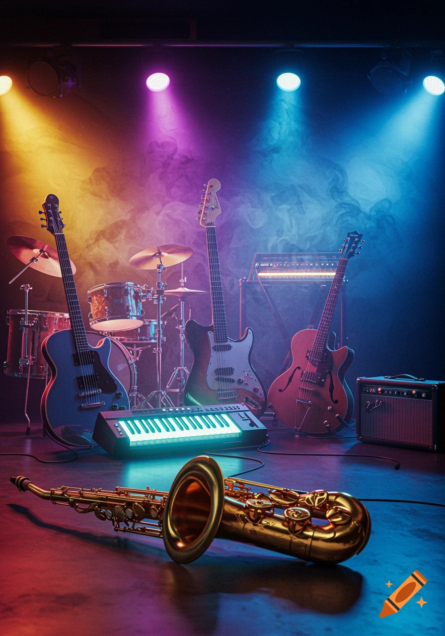 An array of musical instruments, including guitars, drums, a keyboard, and a saxophone, illuminated by colorful stage lights and smoke.