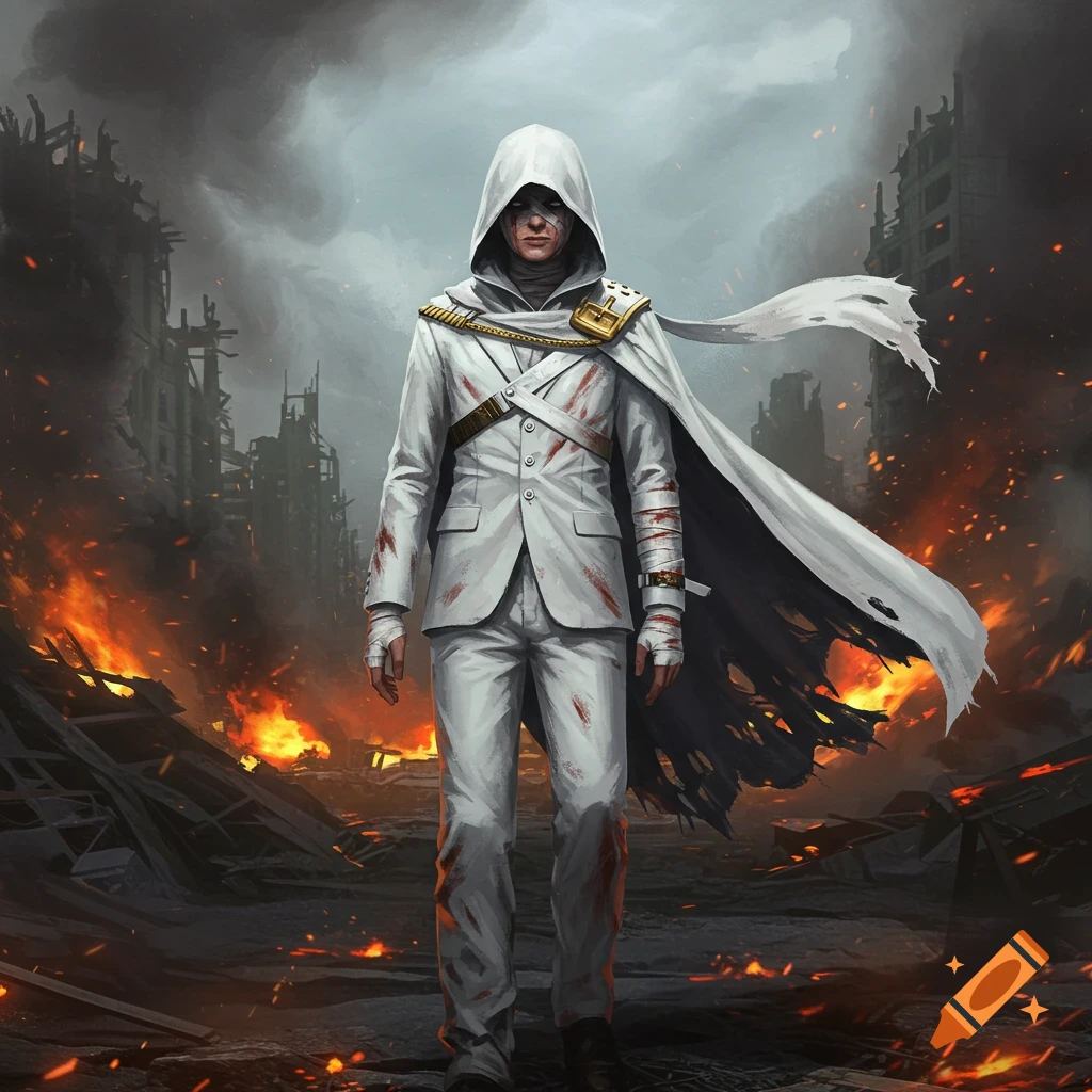 A person in a white suit and torn cape stands in a burning, ruined city.