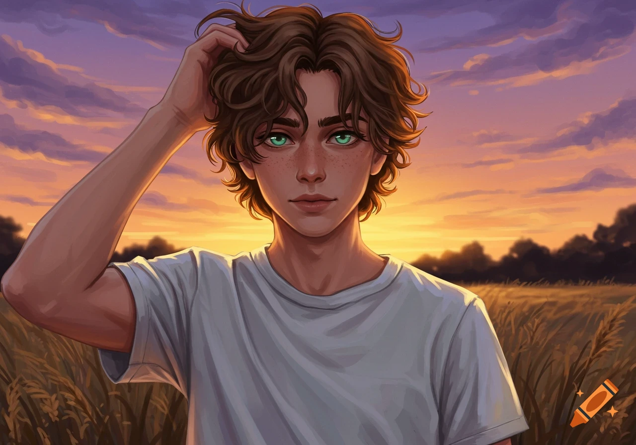 Digital painting of a young man with green eyes and brown wavy hair, hand in his hair, standing in a field at sunset.