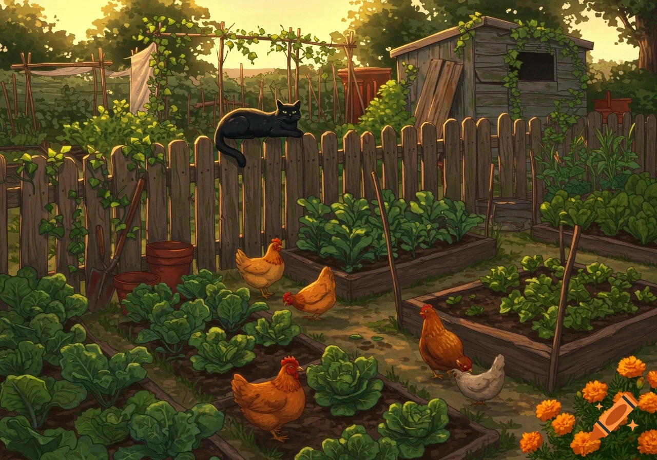 A black cat rests on a wooden fence overlooking a sunny allotment garden with several chickens, raised vegetable beds, and a small shed.