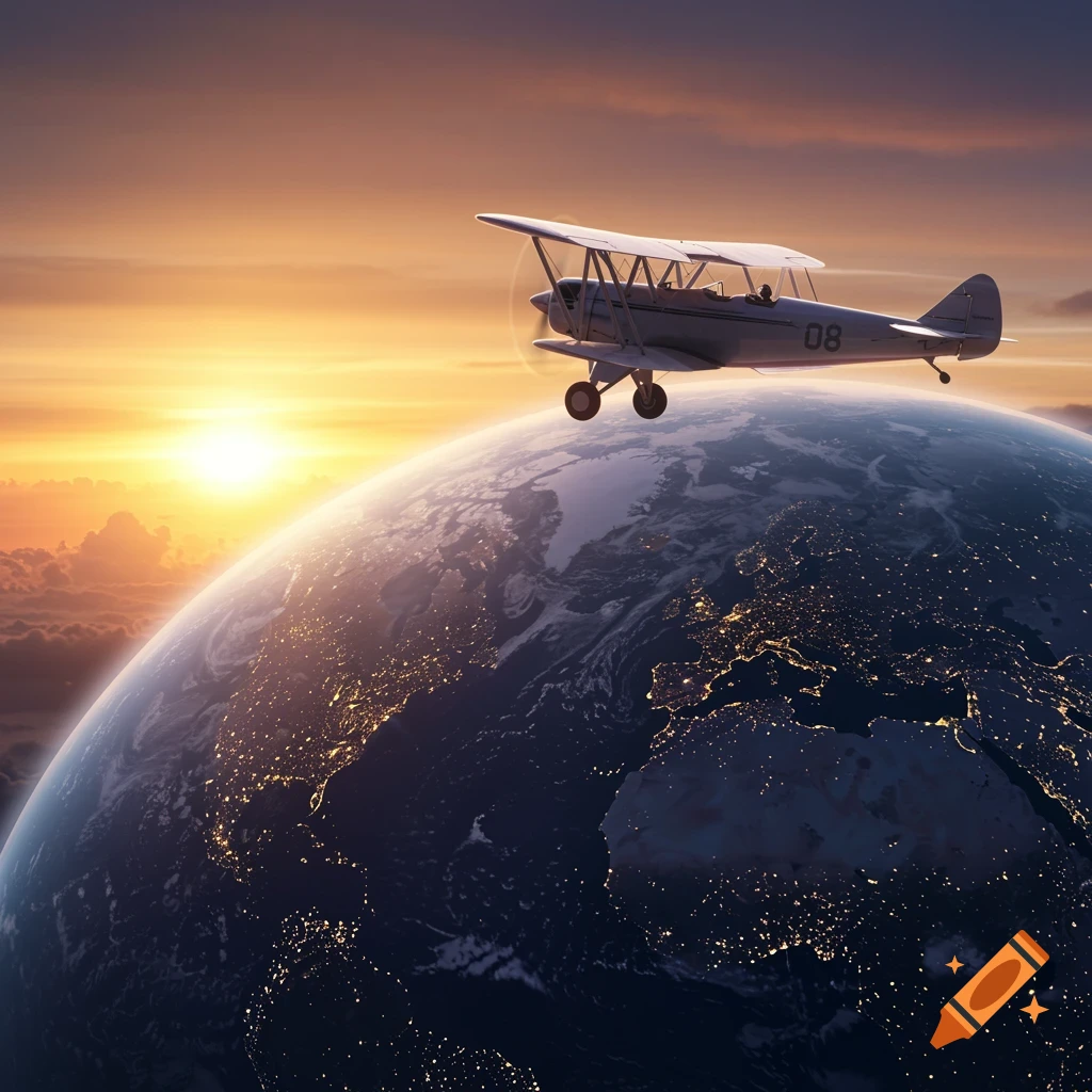 A biplane flies over Earth, seen from space, with city lights visible and a bright sunset on the horizon.