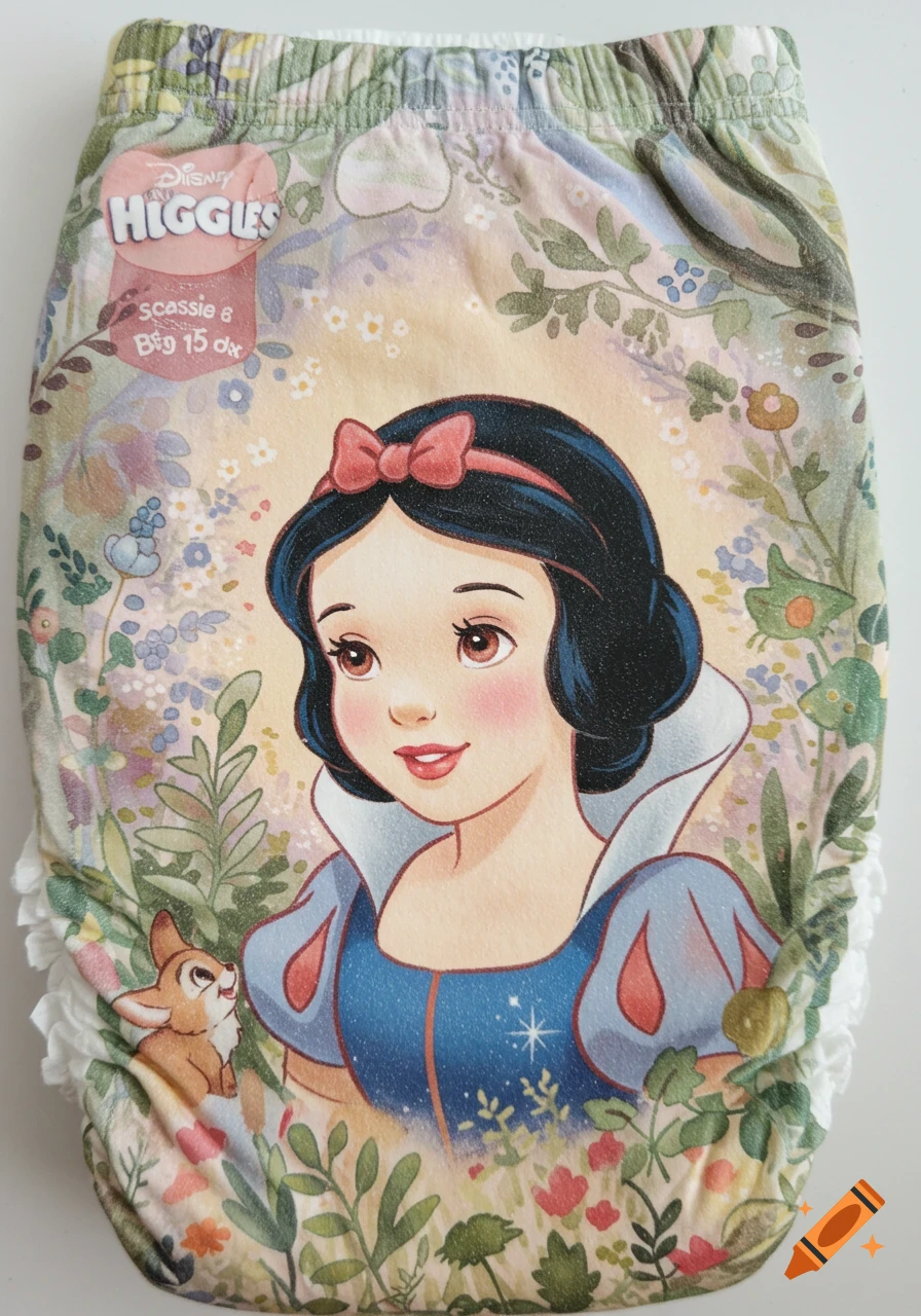 Close-up of a Disney Huggies pull-up diaper featuring an illustration of Snow White surrounded by forest plants and a small deer.