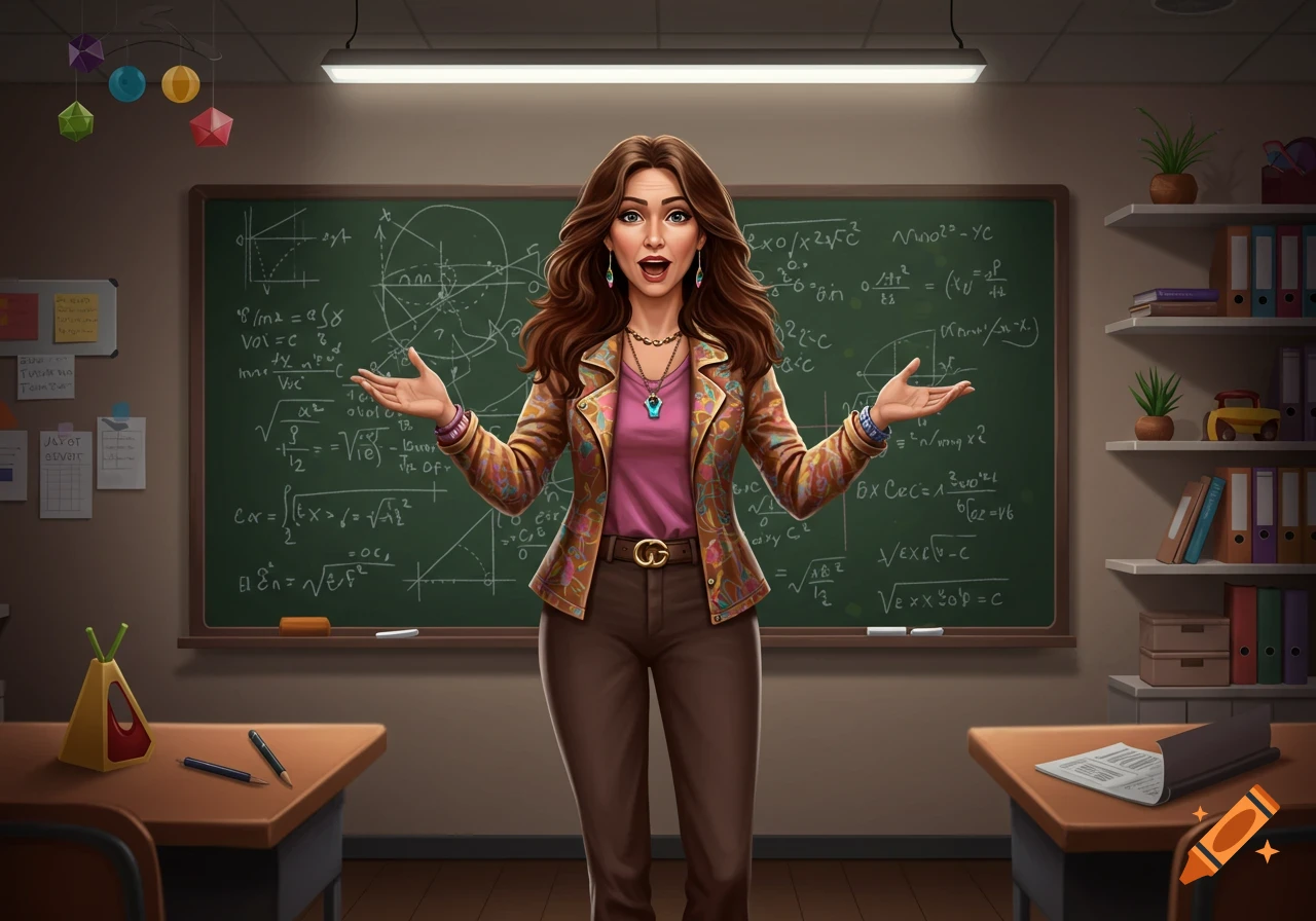 An illustration of an enthusiastic female math teacher standing in front of a chalkboard filled with equations in a classroom.