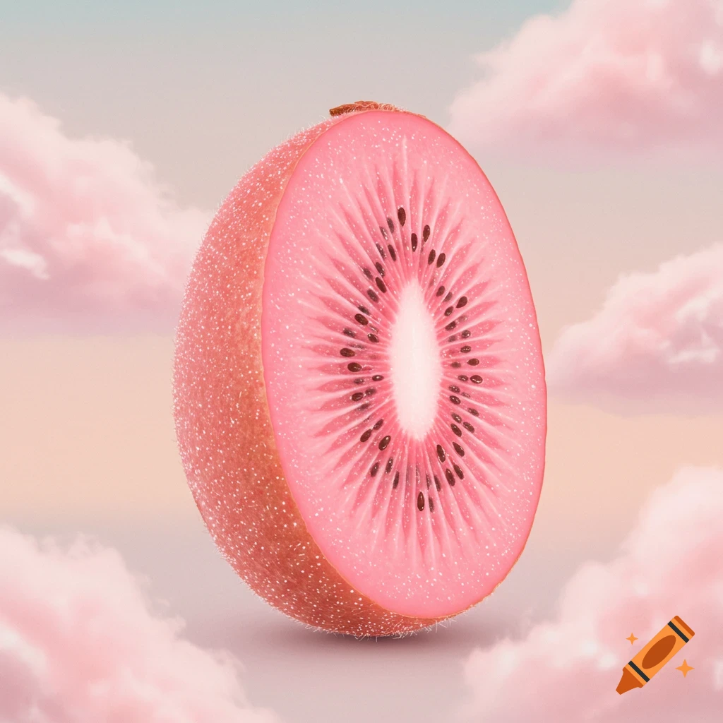 A pink, almond-shaped kiwi fruit, sliced in half, sits against a dreamy pink and blue cloudy sky.
