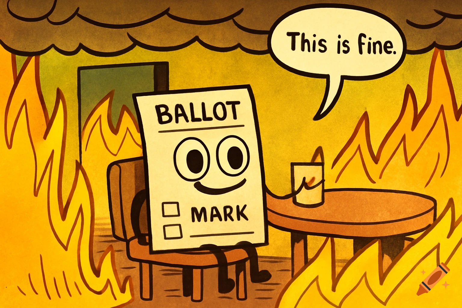 Cartoon ballot character, Mark, sits smiling in a burning room, saying 'This is fine.' in a speech bubble, recreating the classic meme.