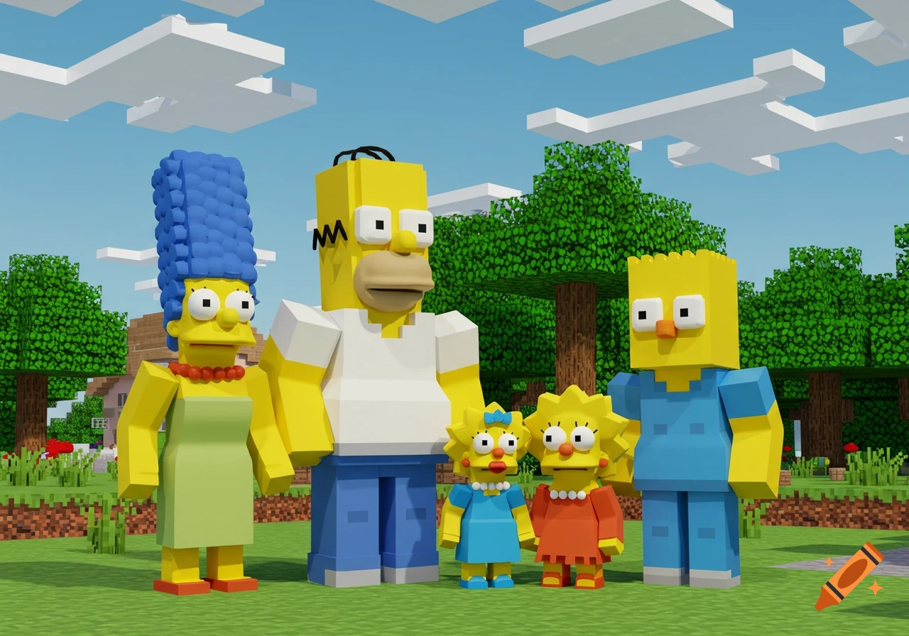 The Simpsons family (Homer, Marge, Bart, Lisa, Maggie) rendered in a blocky Minecraft style, standing in a pixelated outdoor landscape.