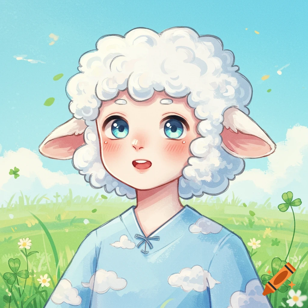 Cute anime sheep human hybrid with blue eyes, fluffy white hair, sheep ears, and a cloud-patterned shirt in a sunny green field.