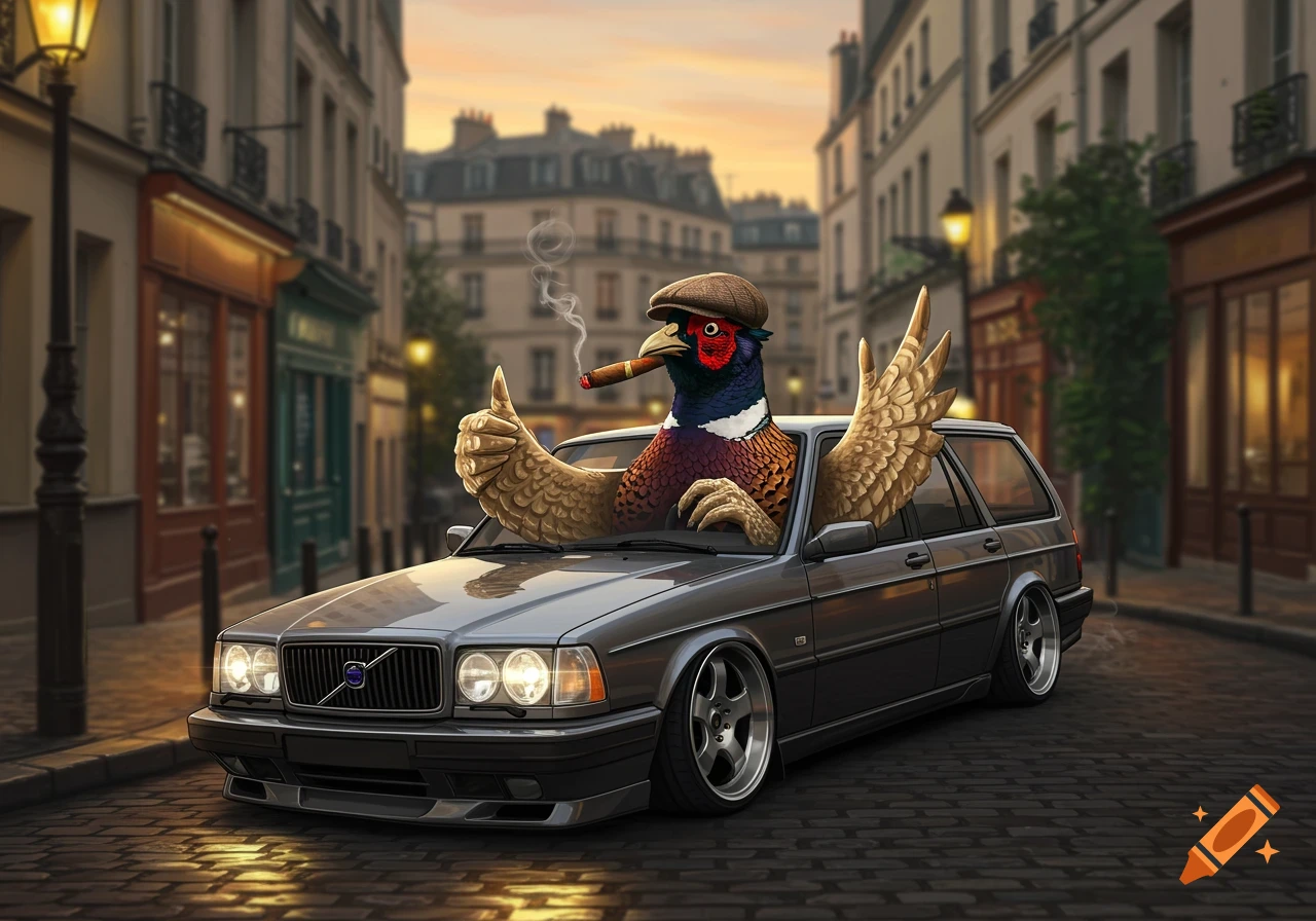 A cartoonish French pheasant in a flat cap drives a slammed Volvo estate down a city street, smoking a cigar and giving a thumbs up.