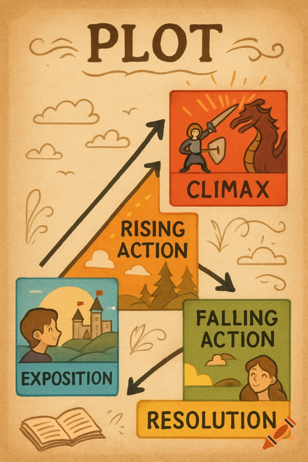 An illustrated plot anchor chart showing a story arc with stages like exposition, rising action, climax, falling action, and resolution.