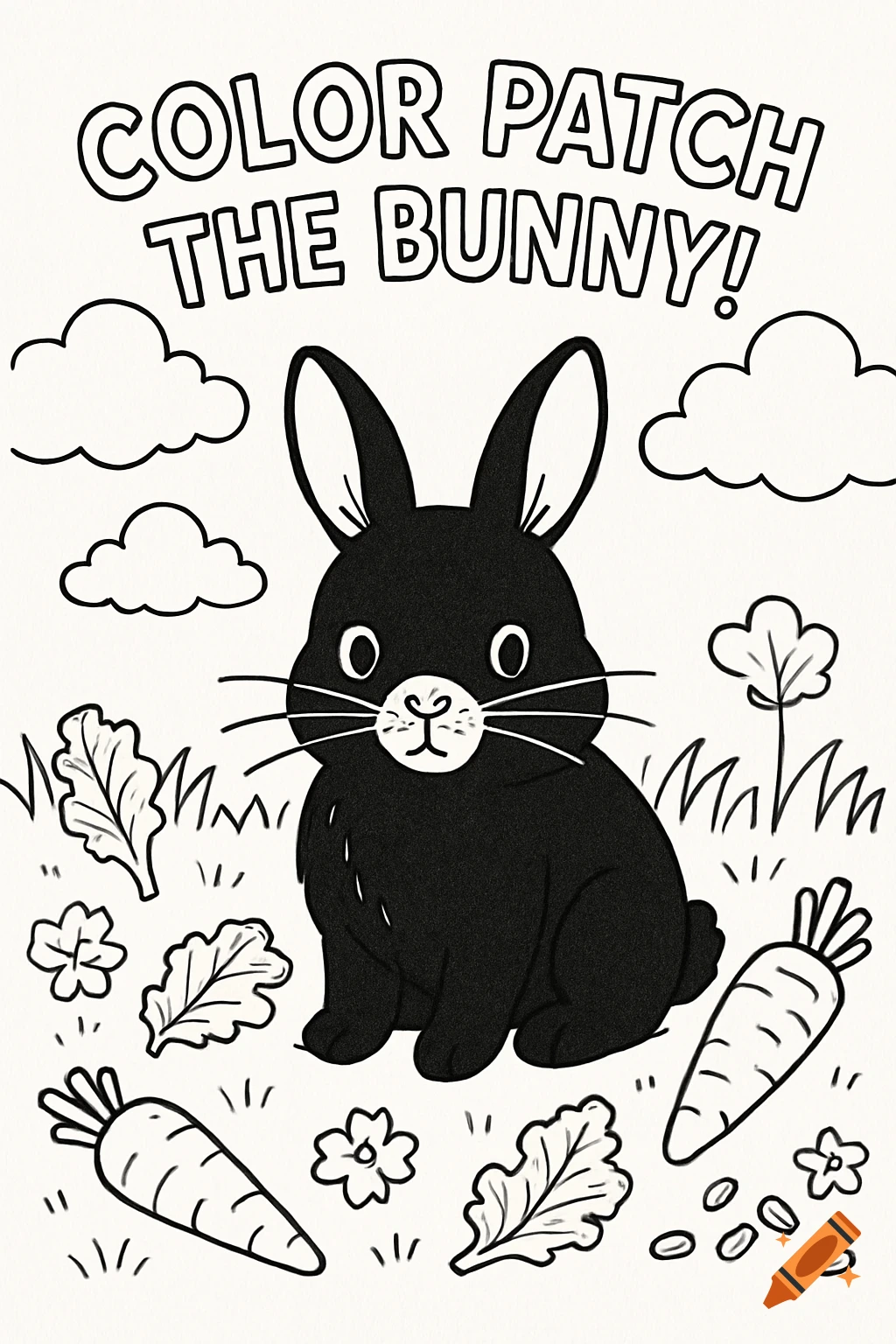 A black and white line art coloring page titled 'Color Patch the Bunny!' featuring a black bunny surrounded by carrots, leaves, and clouds.