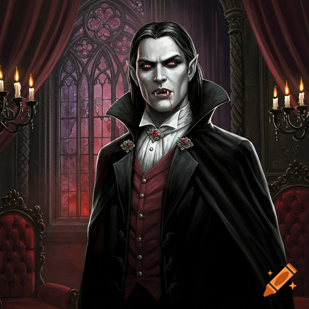 Acrylic and chalk painting of a pale vampire with fangs and blood on his lips, wearing elegant attire in a dimly lit gothic chamber.