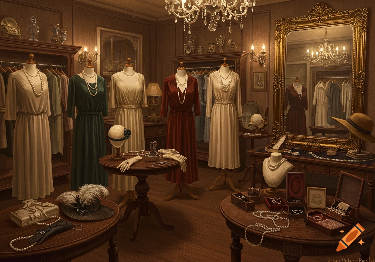 Vintage clothing boutique interior with mannequins in elegant gowns, tables of jewelry and hats, and chandeliers.
