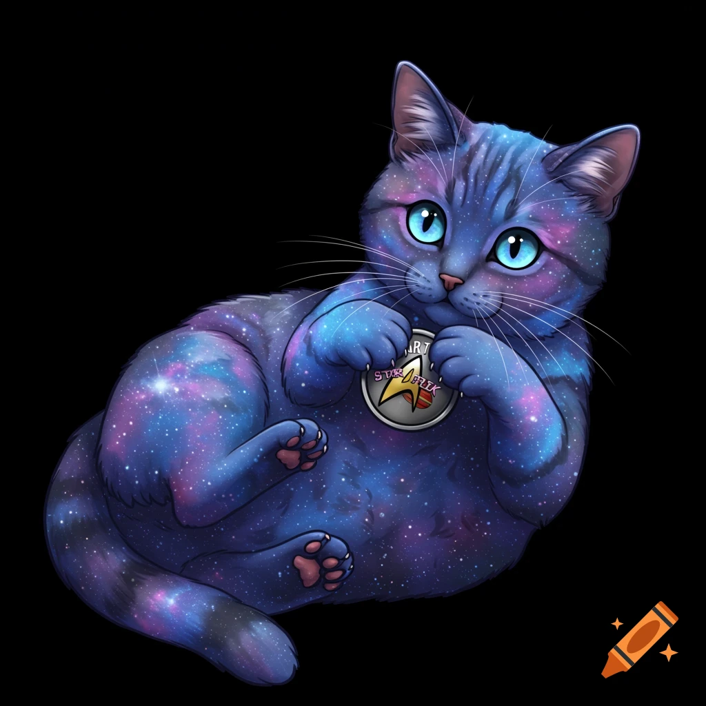 A blue cat with galaxy-patterned fur lies on its back, playing with a distorted Star Trek Starfleet badge on a black background.