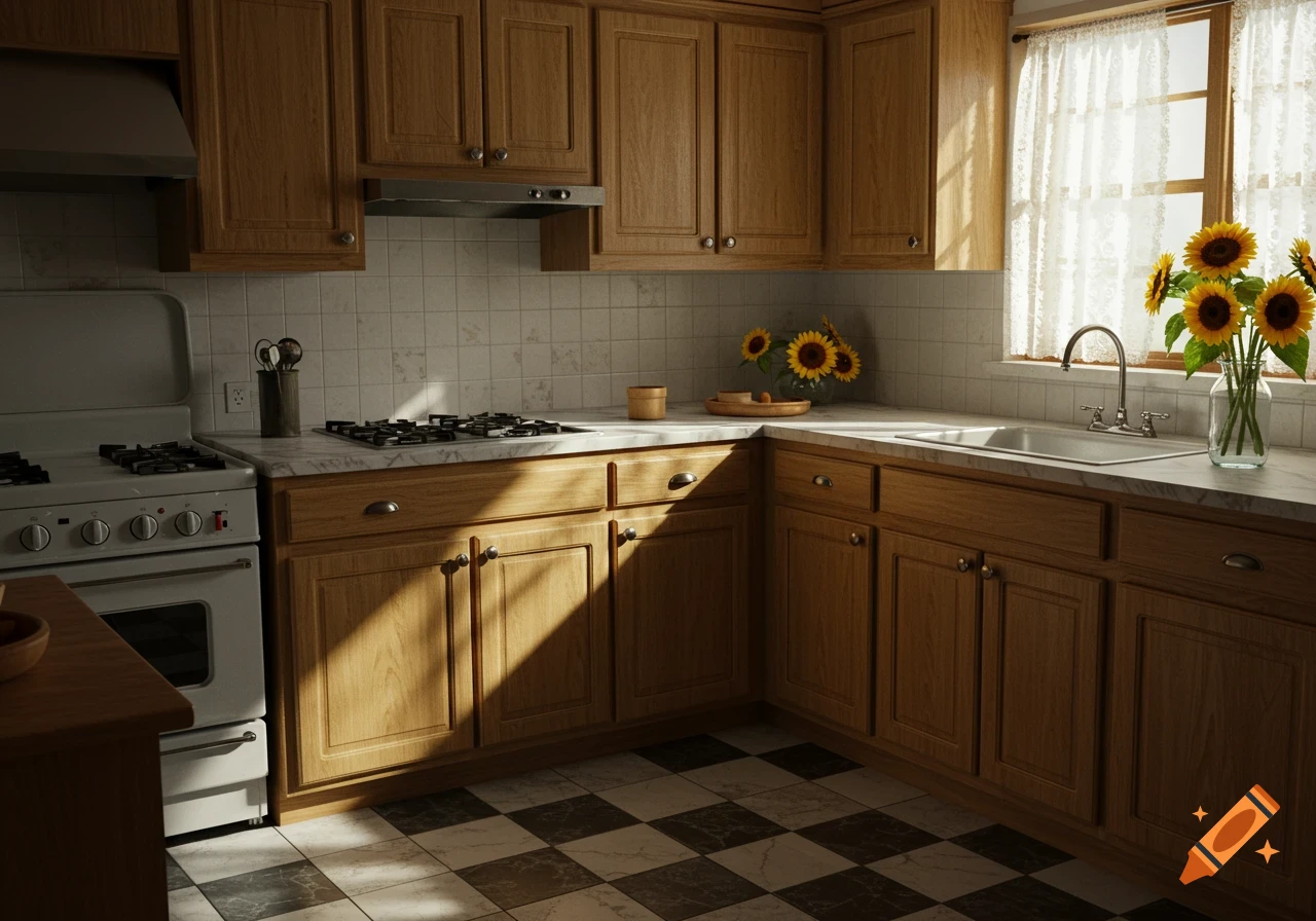 A warm, sunlit kitchen with honey oak cabinets, black and white checkered floor, marble countertops, and sunflowers by the window.