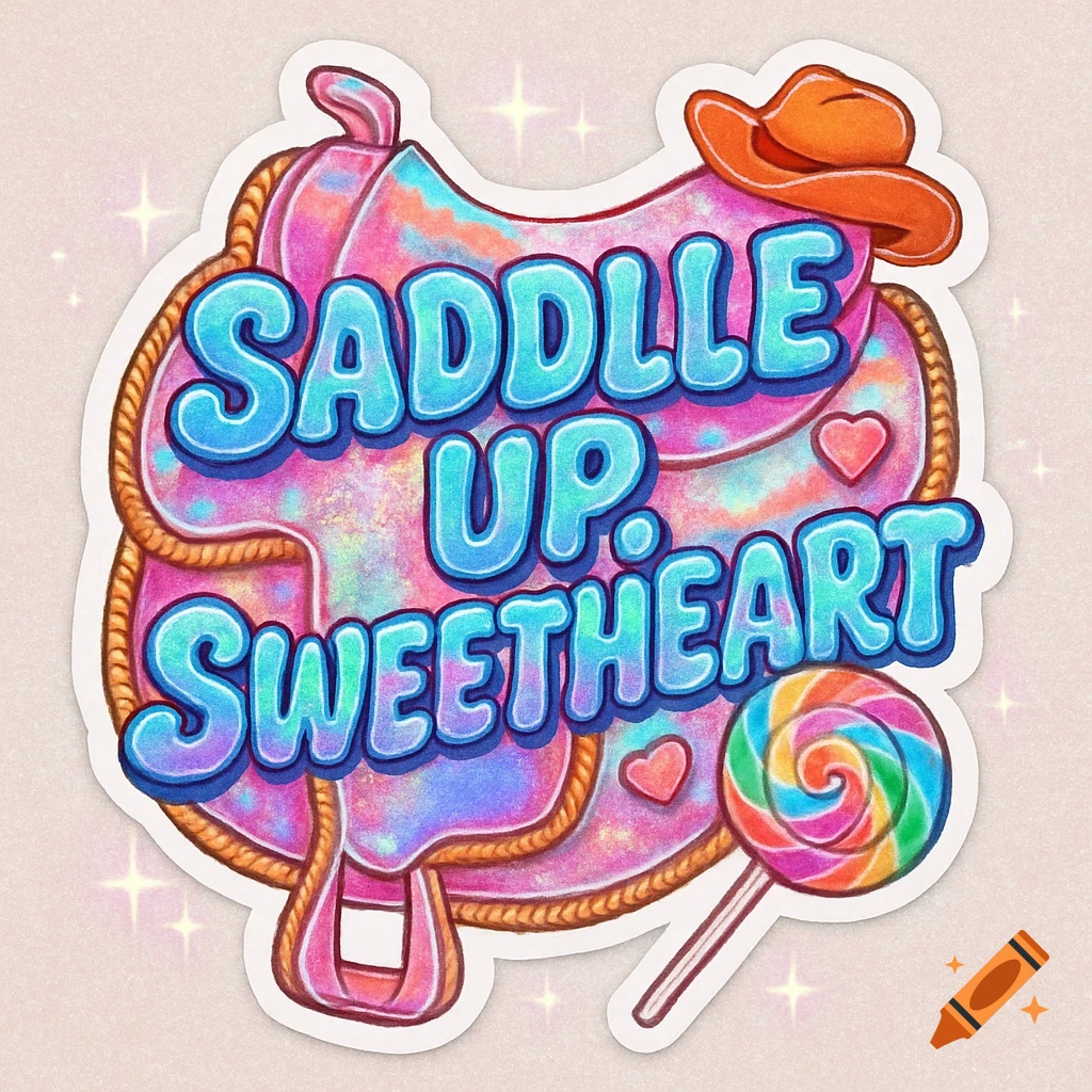 A vibrant pink and blue saddle sticker with bubble text 'SADDLLE UP. SWEETHEART', a cowboy hat, and a lollipop.