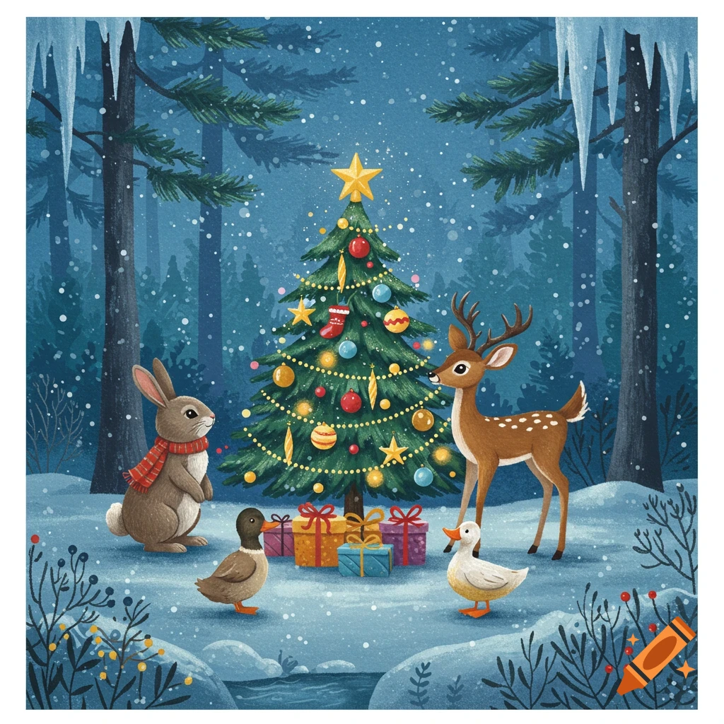 A charming illustration of a bunny, deer, and two ducks gathered around a decorated Christmas tree in a snowy forest.