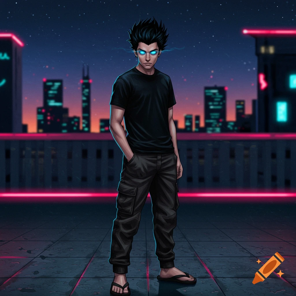 A stylized man with black spiked hair and glowing blue eyes stands on a rooftop overlooking a neon-lit city at night.