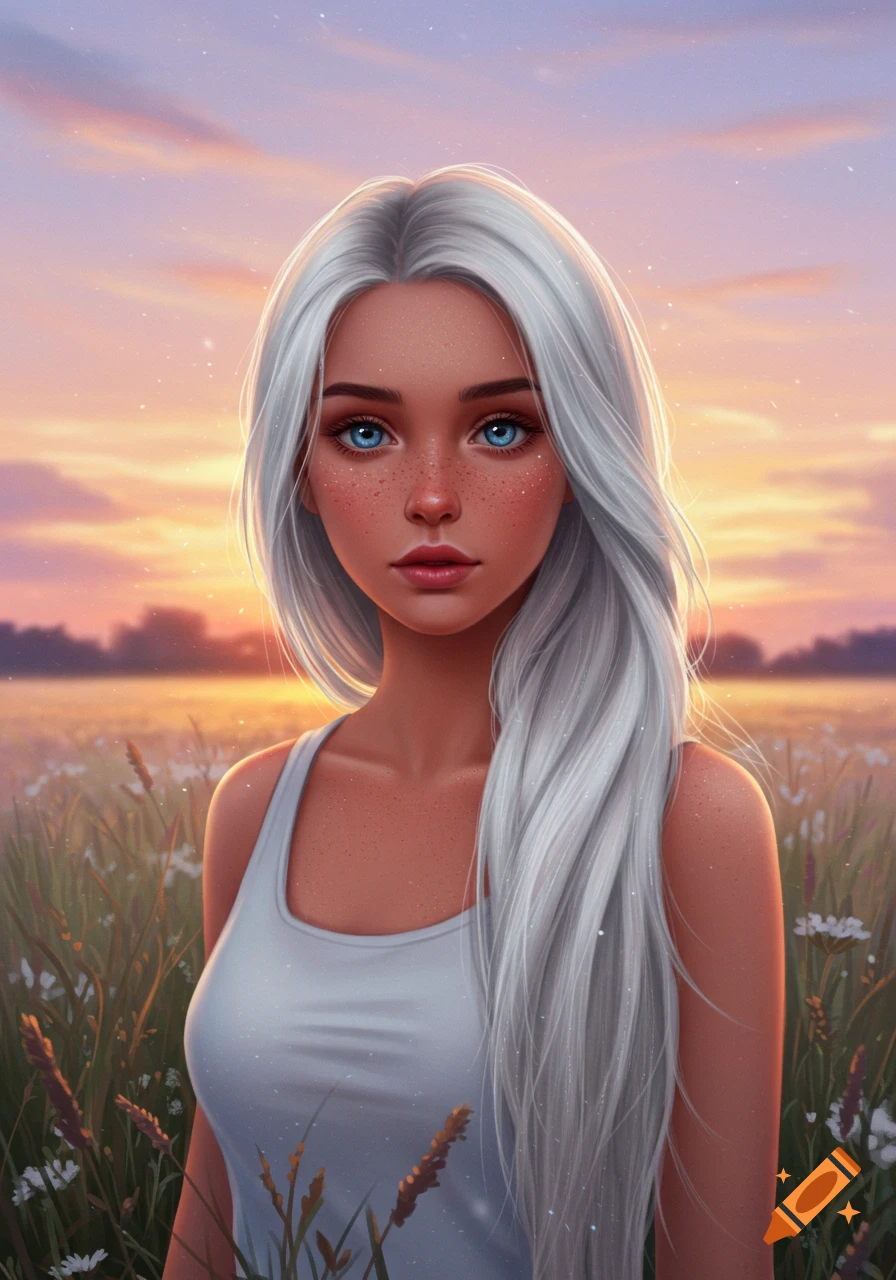 Digital art of a fair-skinned girl with long silver hair and blue eyes standing in a sunlit field at sunset.