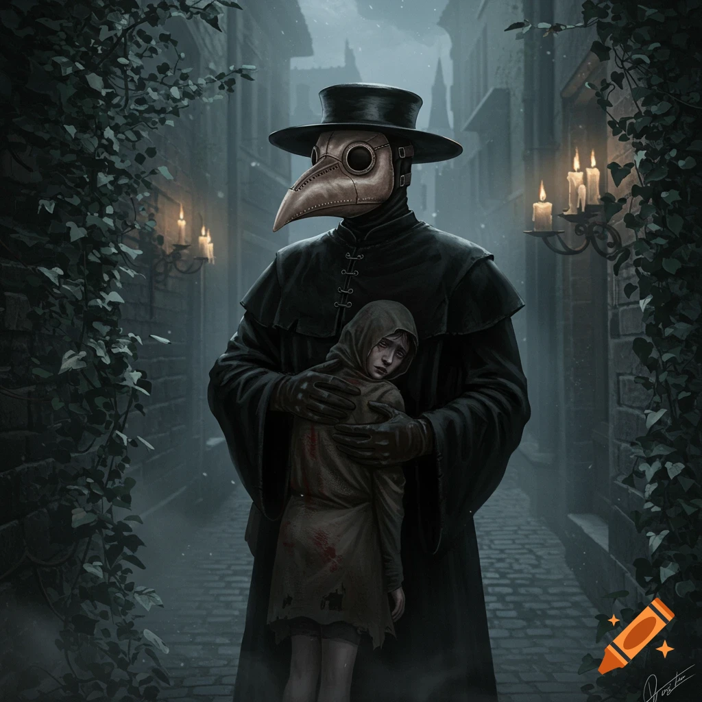 A plague doctor in a long black coat and bird-beaked mask holds a distressed child with bloodstains in a dark, foggy alley.