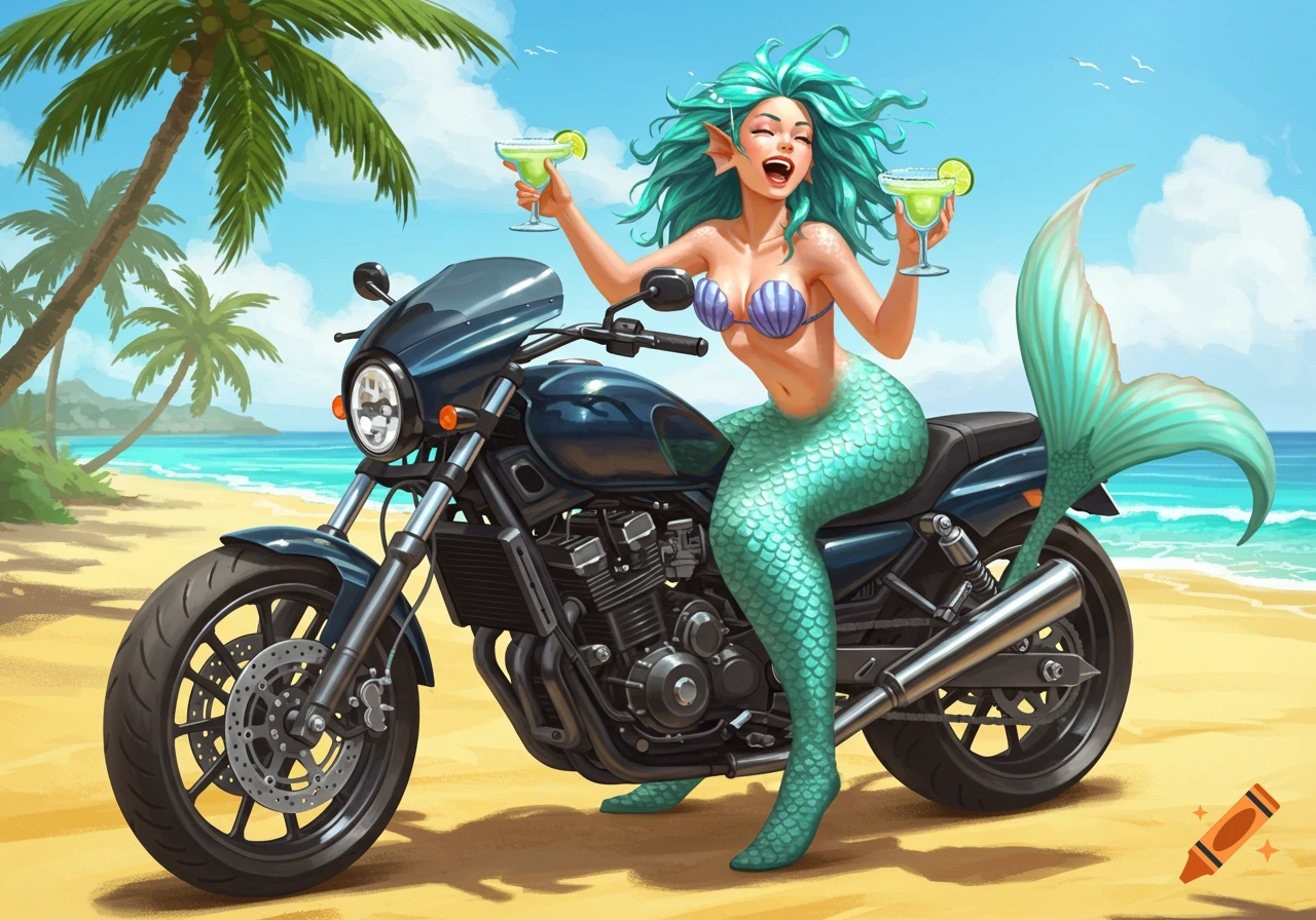 A cartoon mermaid with teal hair sits on a black motorcycle on a sunny beach, holding two margaritas and laughing.