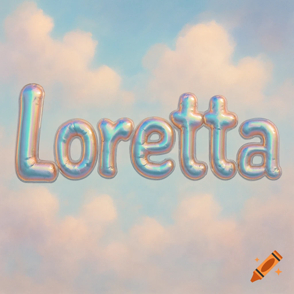 The name Loretta spelled out in iridescent 3D balloon letters floating in a pastel sky with clouds.