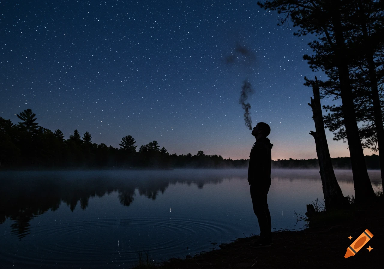 A person stands silhouetted by a lake at night, exhaling smoke upwards into the starry sky. Mist hangs over the water.