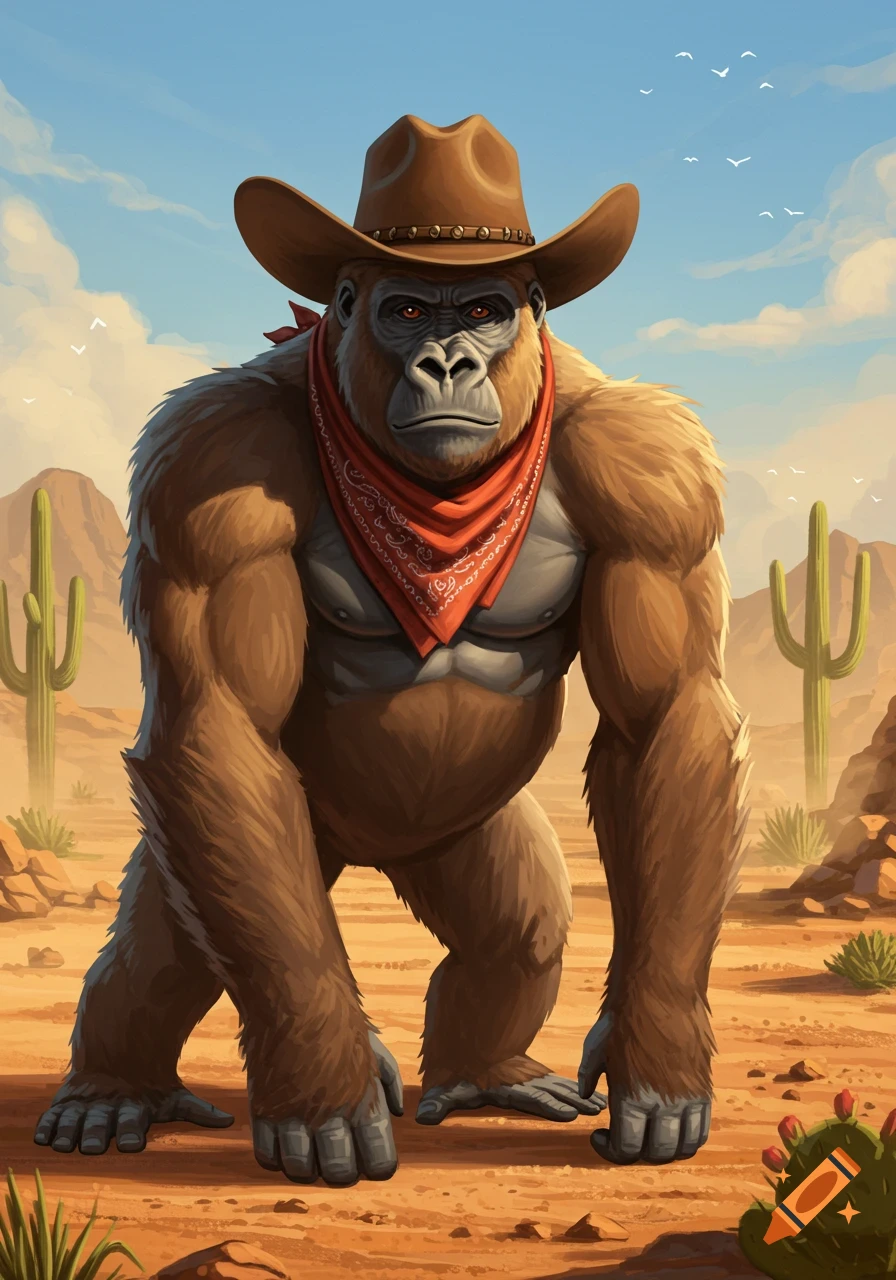 A brown gorilla in a cowboy hat and red bandana stands in a desert with cacti under a blue sky.