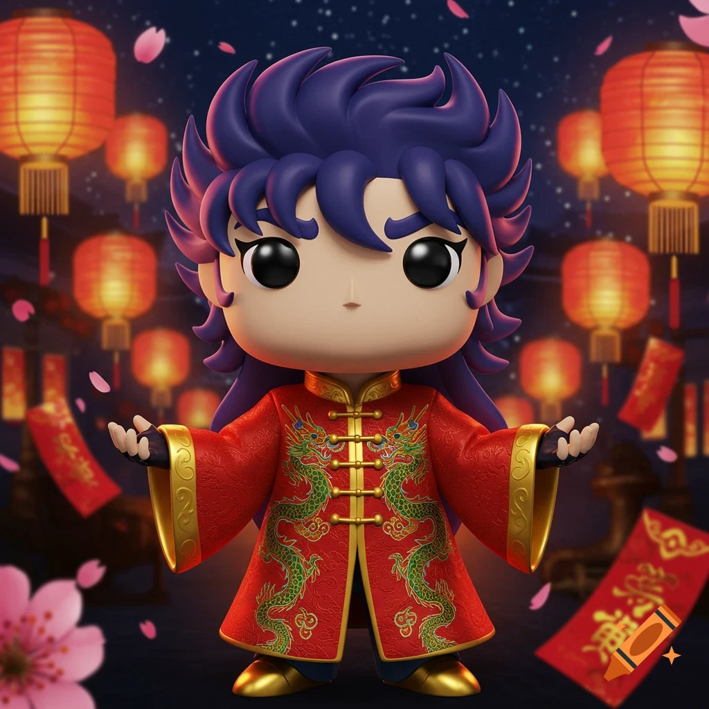 A Funko Pop-style character with purple hair in a red, gold-embroidered Chinese New Year coat, surrounded by lanterns, red envelopes, and cherry blossoms.