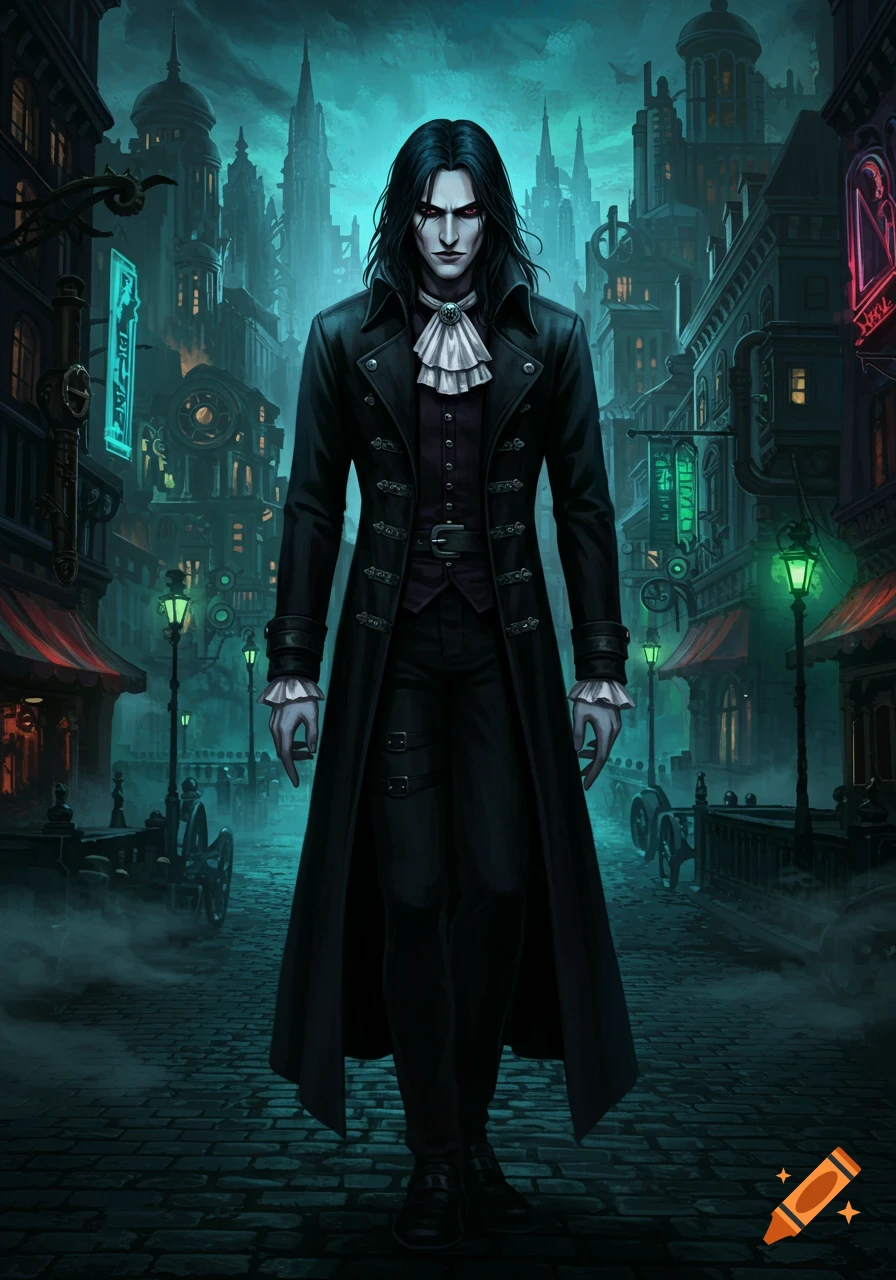 Full-body illustration of a pale Gothic man with long black hair and a trench coat standing in a dark, atmospheric city street.