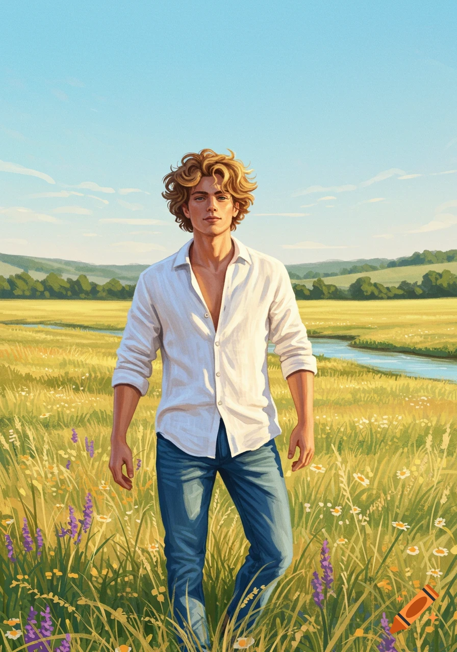 A man with blonde curly hair wearing a white shirt and jeans stands in a sunny, grassy field with a river and hills in the background. Illustrated style.