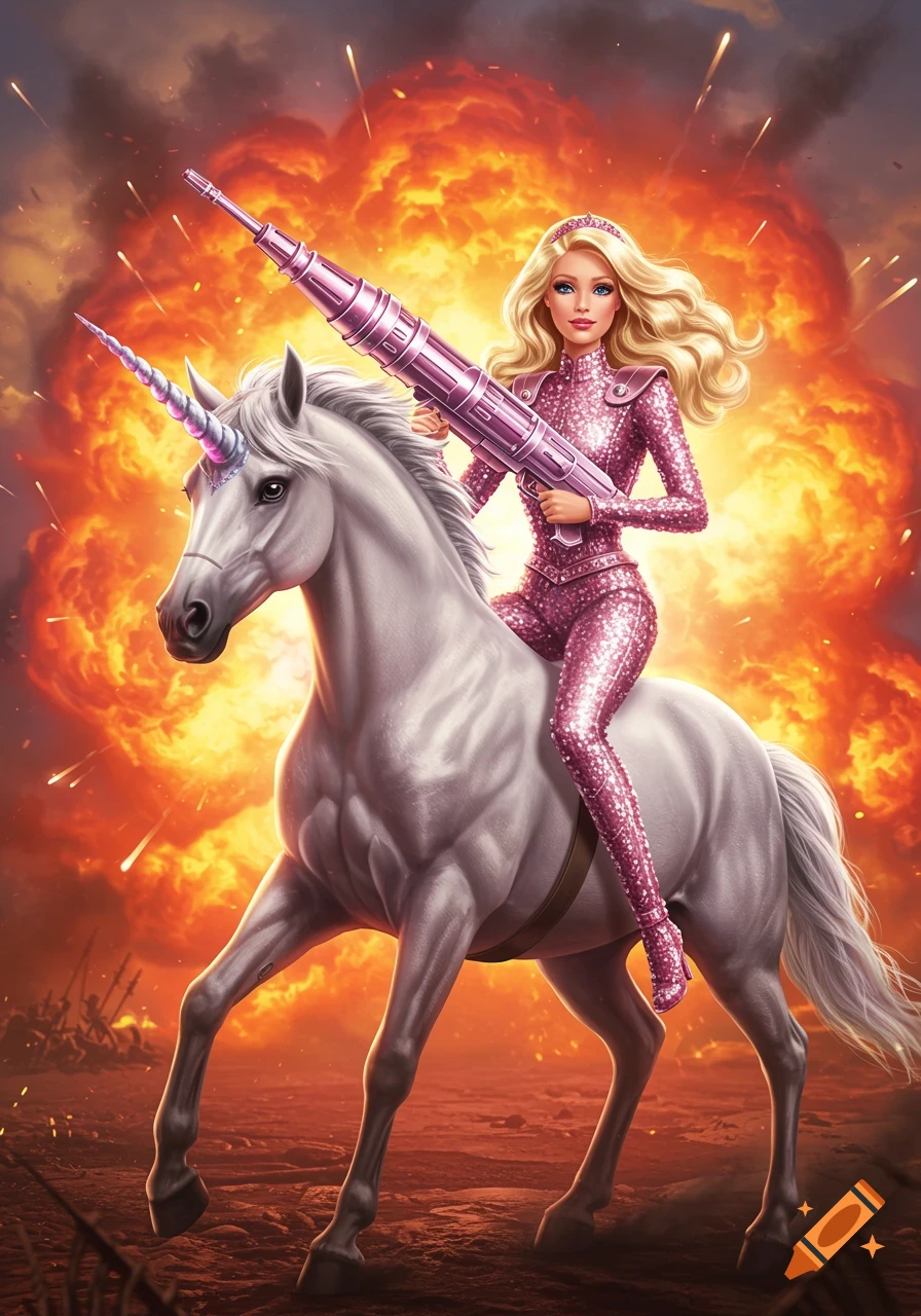 A glamorous Barbie-like figure in a pink sequined suit rides a white unicorn, holding a pink bazooka, against a backdrop of a large orange explosion.