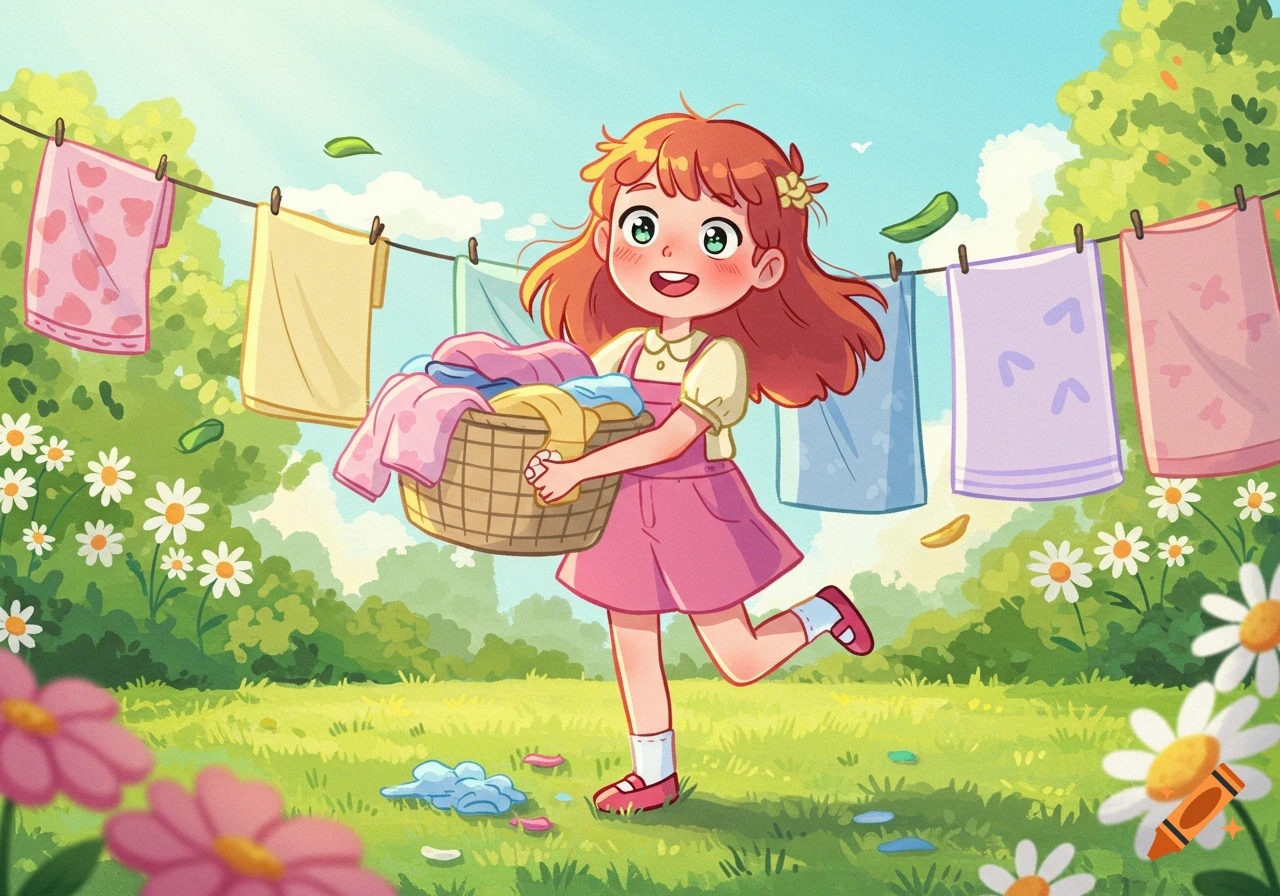 A happy cartoon girl with red hair and a pink dress carries a laundry basket in a sunny, green garden with flowers and clothes drying on a line.